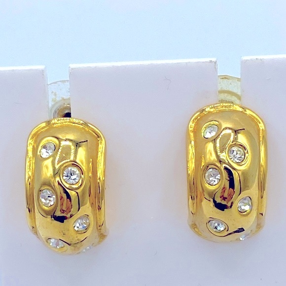 Nolan Miller Vintage Gold Plated Clear Crystal Half Loop Pierced Earrings - Picture 1 of 8